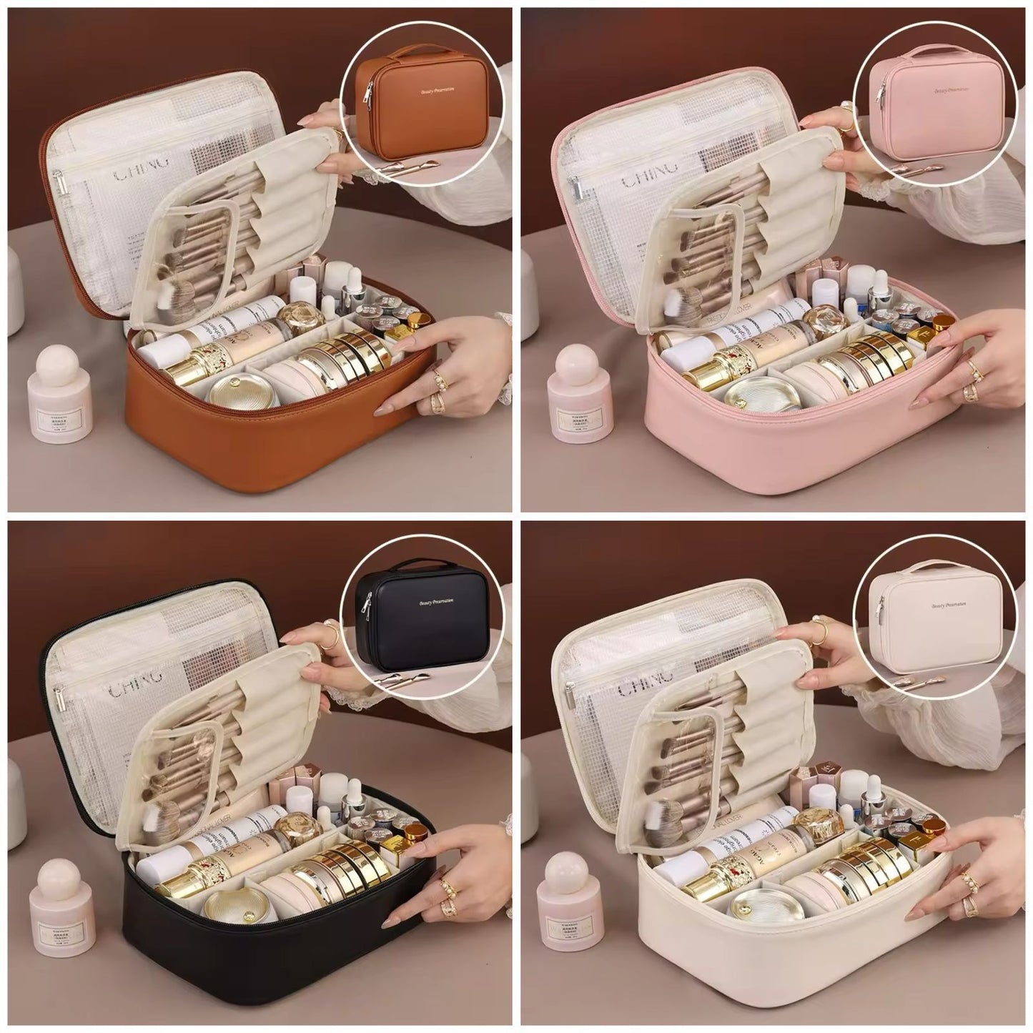 PU Leather Double Layer Makeup Bag Large Capacity Cosmetic Bag Luxury Cosmetics Womens Travel Organizer